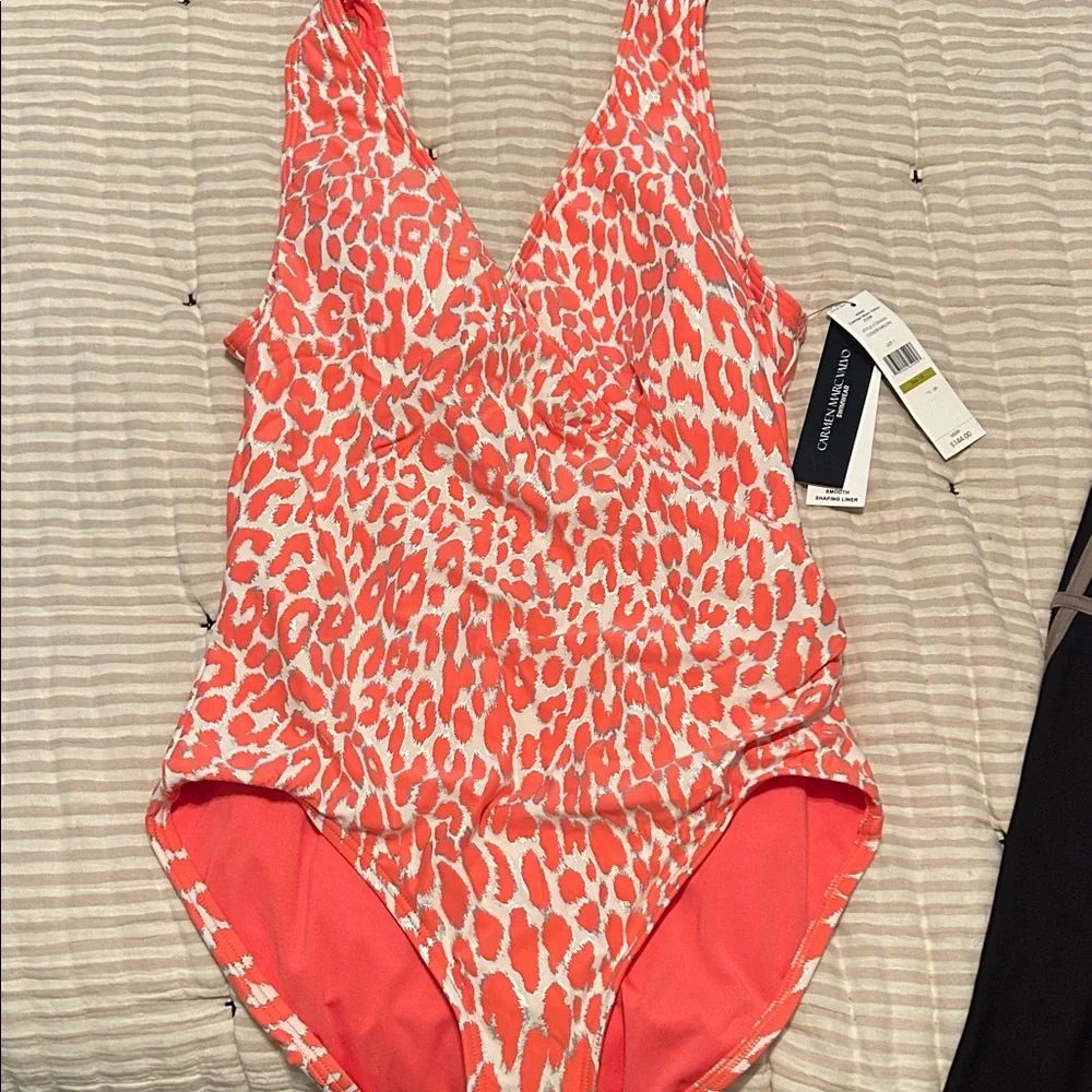 Vibrant Coral and White Patterned Swimsuit - Picture 1 of 6